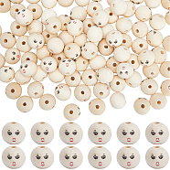 100Pcs Printed Wood European Beads, Large Hole Round Bead with Smiling Face Pattern, Undyed, Bisque, 20x17.5mm, Hole: 4.7mm(WOOD-GF0002-06)