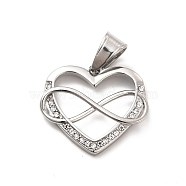 304 Stainless Steel Pendants, with Crystal Rhinestone, Heart and Infinity Charms, Stainless Steel Color, 22x25x4mm, Hole: 8x5.5mm(STAS-K243-21P)