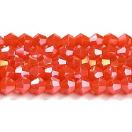 Opaque Solid Color Electroplate Glass Beads Strands, AB Color Plated, Faceted, Bicone, Orange Red, 4x4mm, Hole: 0.8mm, about 87~98pcs/strand, 12.76~14.61 inch(32.4~37.1cm)(X1-GLAA-F029-P4mm-A03)