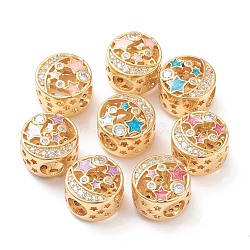 Brass Micro Pave Cubic Zirconia European Beads, Large Hole Beads, Long-Lasting Plated, Flat Round with Moon & Star, Colorful, Real 18K Gold Plated, Mixed Color, 11.5x8.5mm, Hole: 4.5mm(MPDL-P005-15G)