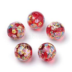 Printed Glass Beads, Round with Flower Pattern, Red, 11~12x11mm, Hole: 1.5mm(GFB-Q001-12mm-D07)
