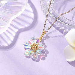 Flower Handmade Glass Seed Beaded Pendant Necklaces, 304 Stainless Steel Cable Chain Jewelry for Women, Golden, Clear AB, 13.86 inch(35.2cm)(NJEW-MZ00096-07)