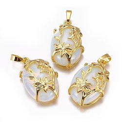 Opalite Pendants, with Golden Tone Brass Findings, Oval with Flower, 32x20x9mm, Hole: 5x8mm(G-L512-F14)