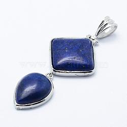 Natural Lapis Lazuli Big Pendants, with Brass Findings, Dyed, Platinum, Teardrop & Rhombus, 53x25x7mm, Hole: 6x9.5mm(G-L468-08)