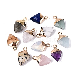 Natural & Synthetic Mixed Stone Pendants, Triangle Charms, with Light Gold Tone Brass Brass Loops, Faceted, Mixed Dyed and Undyed, 17~19x10~12x4~7mm, Hole: 1.6~1.8mm(G-Q606-29KCG)