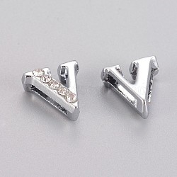 Alloy Initial Slide Beads, Rhinestone Slide Charms, with Five Clear Rhinestone Beads, Lead Free & Nickel Free, Platinum Color, Letter.V, 11x10x4.5mm, Hole: 1.5x8mm(X-ZP1V-NLF)