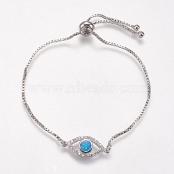 Adjustable Brass Bolo Bracelets, Slider Bracelets, with Synthetic Opal and Cubic Zirconia, Eye, Platinum, Deep Sky Blue, 8-3/4 inch(222mm), 1mm, Link: 20x9x3mm(BJEW-G593-11P-A)