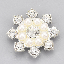 Alloy Rhinestone Cabochons, with ABS Plastic Imitation Pearl, Snowflake, Crystal, Silver, 23x23x5.5mm(PALLOY-T066-23P)