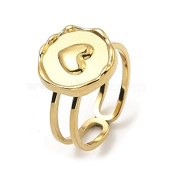 304 Stainless Steel Open Cuff Rings, Flat Round with Heart, Real 18K Gold Plated, US Size 6 3/4(17.1mm)(RJEW-Z018-27G)