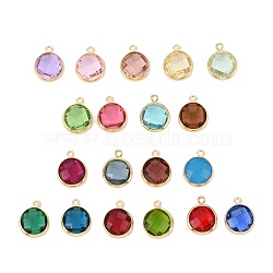 Glass Charms, with Real 18K Gold Plated Cadmium Free & Nickel Free & Lead Free Brass Findings, Long-Lasting Plated, Faceted Flat Round, Mixed Color, 13.5x11x5mm, Hole: 1.4mm(KK-C228-02G)