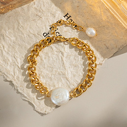 Natural Freshwater Pearl Link Bracelets, 304 Stainless Steel Cuban Chain Jewelry for Women, Flat Round, Real 18K Gold Plated, 7-1/8 inch(18cm)(UB8604)
