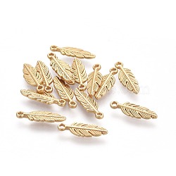 Tibetan Style Alloy Charms, Feather, Lead Free & Nickel Free & Cadmium Free, Real 18K Gold Plated, Matte Gold Color, 15x5x1.5mm, Hole: 1mm(TIBEP-S317-10MG-NR)