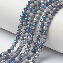 Electroplate Opaque Solid Color Glass Beads Strands, Half Plated, Blue Plated, Faceted, Rondelle, Dark Gray, 4x3mm, Hole: 0.4mm, about 123~127pcs/strand, 16.5~16.9 inch(42~43cm)(EGLA-A034-P4mm-I06)