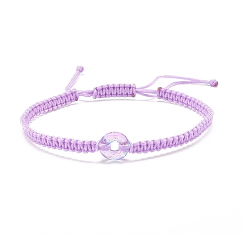 Donut Glass Braided Bead Bracelet, Adjustable Friendship Bracelet for Women, Lilac, Inner Diameter: 2-3/8~3-3/8 inch(5.9~8.6cm)