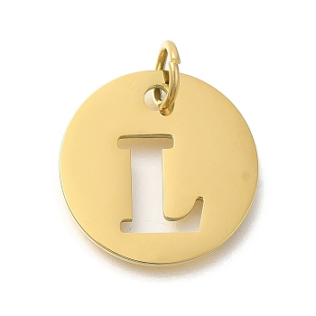 Ion Plating(IP) 304 Stainless Steel Pendants, with Jump Ring, Laser Cut, Flat Round with Letter Charm, Real 18K Gold Plated, Letter L, 20x1mm, Hole: 4.5mm