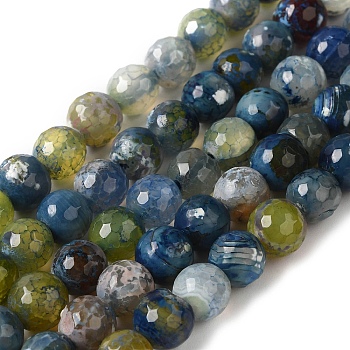 Dyed & Heated Natural Fire Crackle Agate Beads Strands, Faceted, Round, Steel Blue, 8mm, Hole: 1.2mm, about 49pcs/strand, 14.84''(37.7cm)