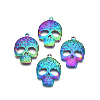 Ion Plating(IP) 201 Stainless Steel Pendants, Skull, Rainbow Color, 30x21.5x3mm, Hole: 2mm