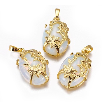 Opalite Pendants, with Golden Tone Brass Findings, Oval with Flower, 32x20x9mm, Hole: 5x8mm