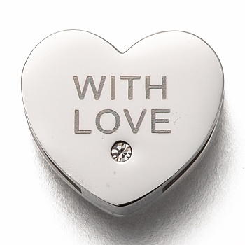 304 Stainless Steel Slide Charms, with Crystal Rhinestone, Heart with Word Love, Stainless Steel Color, 11.5x13x3.5mm, Hole: 8x1mm