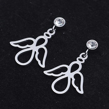 201 Stainless Steel Dangle Stud Earrings, with Clear Cubic Zirconia, Angel, Stainless Steel Color, 23.5mm, Pin: 0.8mm