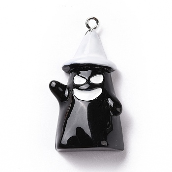 Halloween Opaque Resin Pendants, Ghost Charms, with Platinum Tone Iron Loops, Black, 36.5x25.5x12mm, Hole: 2mm