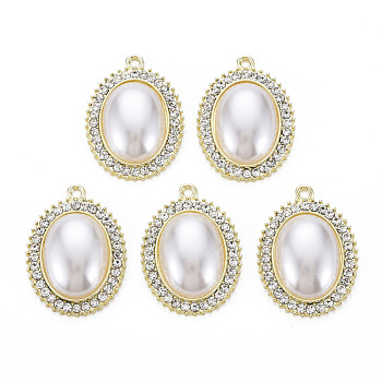 Alloy Pendants, with Crystal Rhinestone and ABS Plastic Imitation Pearl, Cadmium Free & Lead Free, Oval, Light Gold, 31x23x8mm, Hole: 2mm