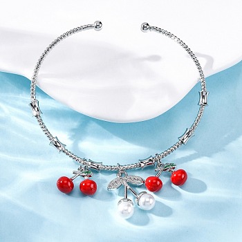 Brass Micro Pave Clear Cubic Zirconia Cuff Bracelets, ABS Imitation Pearl Beads and Enamel Cherry Charms Jewelry for Women, Rack Plating, Cadmium Free & Lead Free, Long-Lasting Plated, Platinum, 16.77 inch(42.6cm)