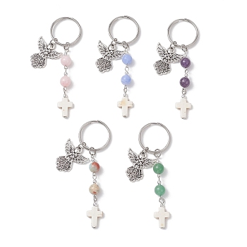 Natural & Synthetic Gemstone & Alloy Keychains, Cross with Angel, with Iron Rings, Antique Silver & Platinum, 85mm