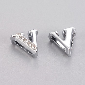 Alloy Initial Slide Beads, Rhinestone Slide Charms, with Five Clear Rhinestone Beads, Lead Free & Nickel Free, Platinum Color, Letter.V, 11x10x4.5mm, Hole: 1.5x8mm