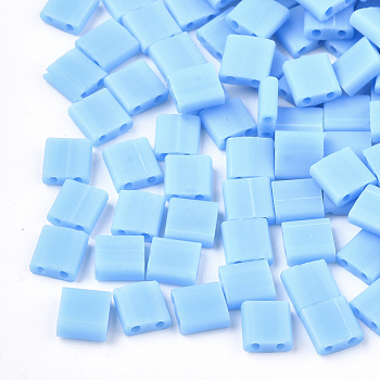 2-Hole Opaque Glass Seed Beads, Frosted, Rectangle, Light Sky Blue, 5x4.5~5.5x2~2.5mm, Hole: 0.5~0.8mm