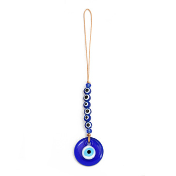 Flat Round with Evil Eye Glass Pendant Decorations, Hemp Rope Hanging Ornament, Royal Blue, 170mm