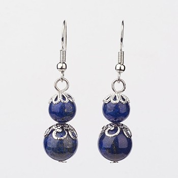 Lapis Lazuli Dangle Earrings, with Brass Bead Caps and Earring Hooks, Round, 41mm, Pin: 0.7mm