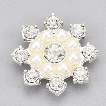 Alloy Rhinestone Cabochons, with ABS Plastic Imitation Pearl, Snowflake, Crystal, Silver, 23x23x5.5mm