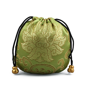Chinese Style Silk Brocade Jewelry Packing Pouches, Drawstring Gift Bags, Auspicious Cloud Pattern, Olive Drab, 11x11cm