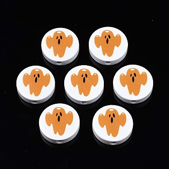Halloween Printed Natural Wood Beads, Flat Round with Ghost Pattern, Dark Orange, 19~20x5.9mm, Hole: 2~2.2mm
