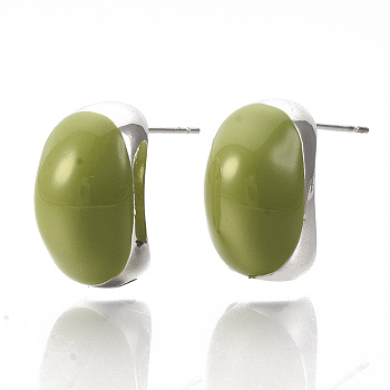 (Jewelry Parties Factory Sale)Alloy Enamel Stud Earring, with Stainless Steel Pins, Letter C Shape, Platinum, Olive, 25x19x12mm, Pin: 1mm