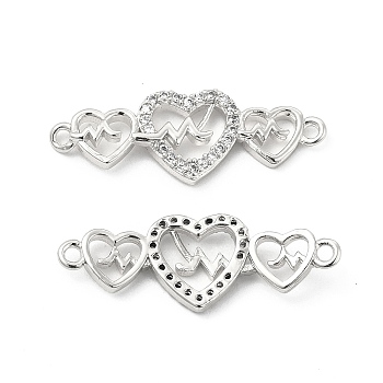 Brass Micro Pave Clear Cubic Zirconia Connector Charms, 3 Heart Links, Platinum, 10.5x29.5x3mm, Hole: 1.5mm