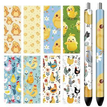 80Pcs 8 Style Self-Adhesive Coated Paper Pen Stickers, Waterproof Pen Wraps Transfer Decals, Chick, 120x40mm, 10Pcs/style