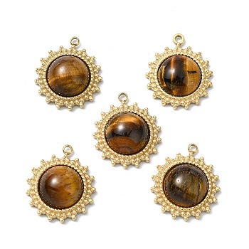 Natural Tiger Eye Pendants, 304 Stainless Steel Charms, Real 14K Gold Plated, Sun, 18.5x16x6mm, Hole: 1.5mm