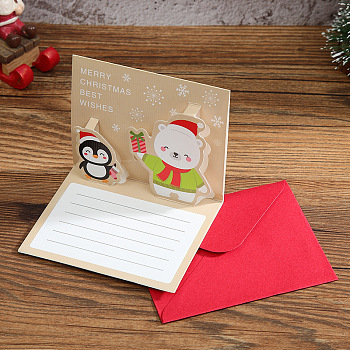 Christmas Theme 1Pc Paper Envelope and 1Pc 3D Pop Up Greeting Card Set, Bear Pattern, Envelope: 85x105mm, Card: 80x100mm