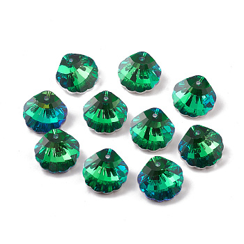 Electroplate Glass Pendants, Back Plated, Faceted, Shell Charms, Green, 16x16x7~7.5mm, Hole: 1.4~1.5mm