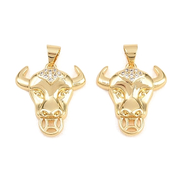 Brass Micro Pave Clear Cubic Zirconia Pendants, Cattle Head Charms, Real 18K Gold Plated, 19.5x18x5mm, Hole: 5x3.5mm