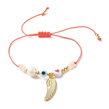 Heart and Evil Eye Acrylic Braided Bead Bracelet for Teen Girl Women, Wing Alloy Charm Bracelet with Natural Malaysia Jade(Dyed) Beads, Golden, Light Yellow, Inner Diameter: 5/8~3-3/8 inch(1.6~8.6cm)