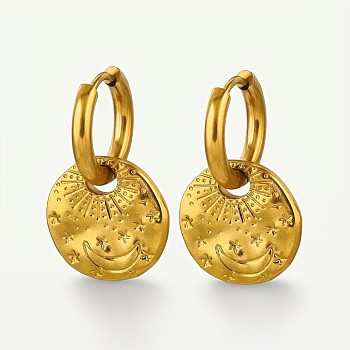 304 Stainless Steel Hoop Earrings, Flat Round with Sun Pattern, Golden, 16x10mm
