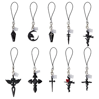 10Pcs Alloy Enamel Mobile Straps, Cross, Black, 9.6~11.5cm, 10pcs/set