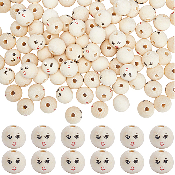 100Pcs Printed Wood European Beads, Large Hole Round Bead with Smiling Face Pattern, Undyed, Bisque, 20x17.5mm, Hole: 4.7mm