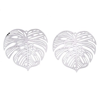 201 Stainless Steel Filigree Pendants, Etched Metal Embellishments, Tropical Leaf Charms, Monstera Leaf, Stainless Steel Color, 32x32x0.3mm, Hole: 1.2mm