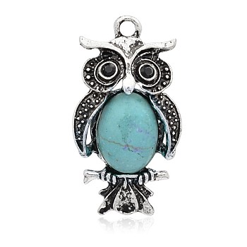 Antique Silver Plated Halloween Owl Alloy Dyed Synthetic Turquoise Pendants, Sky Blue, 35x19x6mm, Hole: 3mm