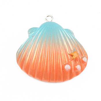 Opaque Resin Pendants, with Platinum Tone Iron Loop, Two Tone, Shell with Star, Dark Orange, 33.5~34.5x31.5~32.5x8.5mm, Hole: 2mm