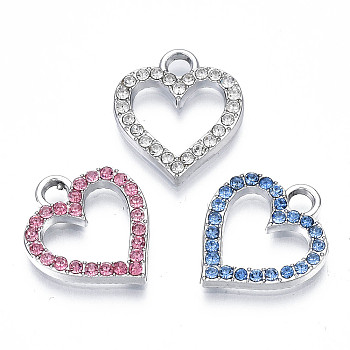 Alloy Charms, with Rhinestone, Cadmium Free & Lead Free, Heart, Mixed Color, 17x15x2mm, Hole: 2.5mm